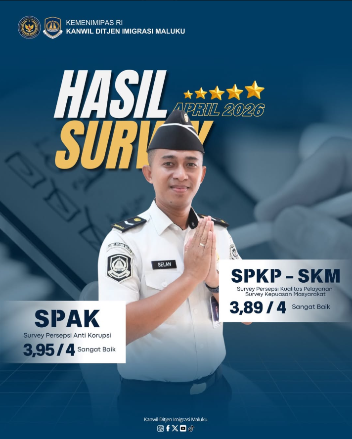 Hasil Survei April 2026, Pelayanan Kanwil Ditjen Imigrasi Maluku Tunjukkan Tren Positif